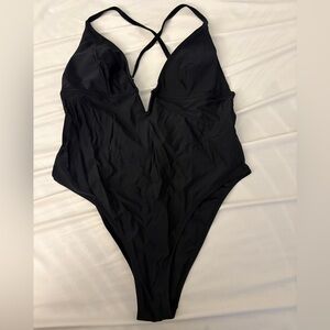 Deep V-Wire Cross Back Cheeky Black One Piece Swimsuit